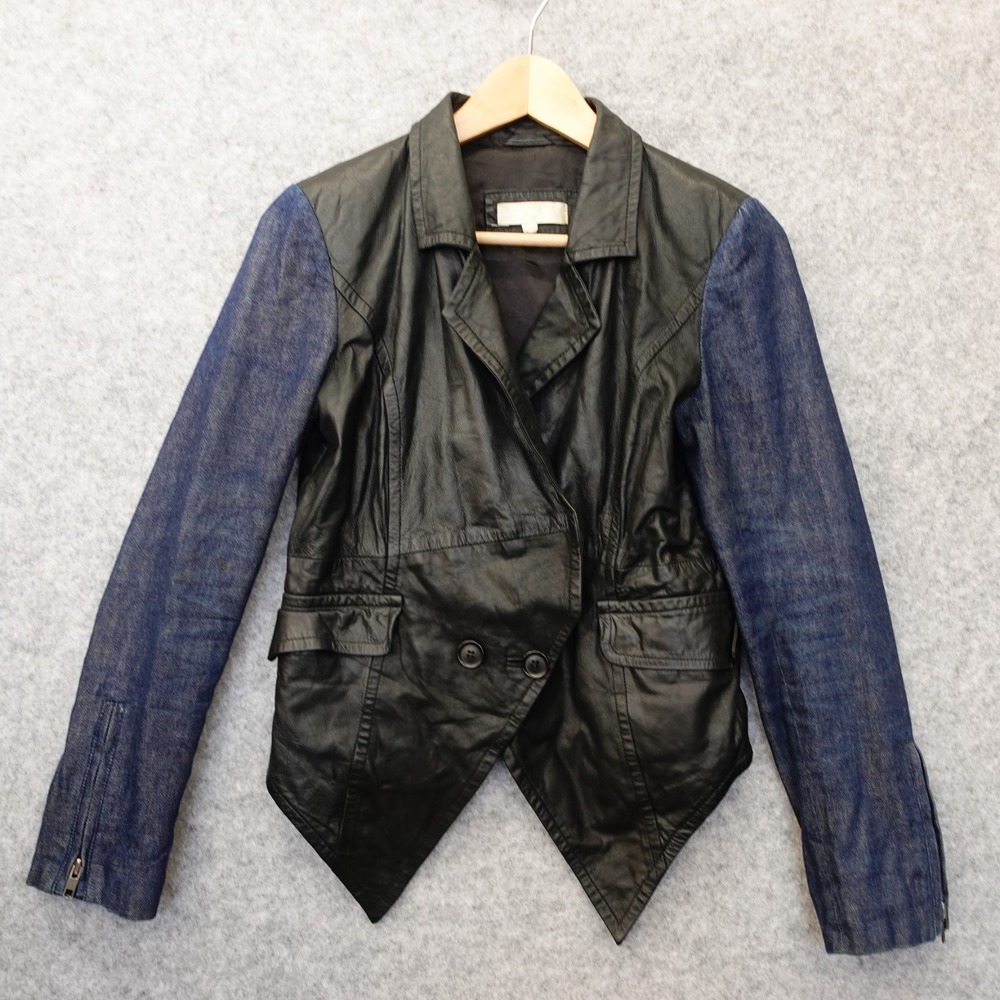 Mixed Media Leather Jacket Womens S Black Denim Moto Biker Two Tone CHARLEY 5.0